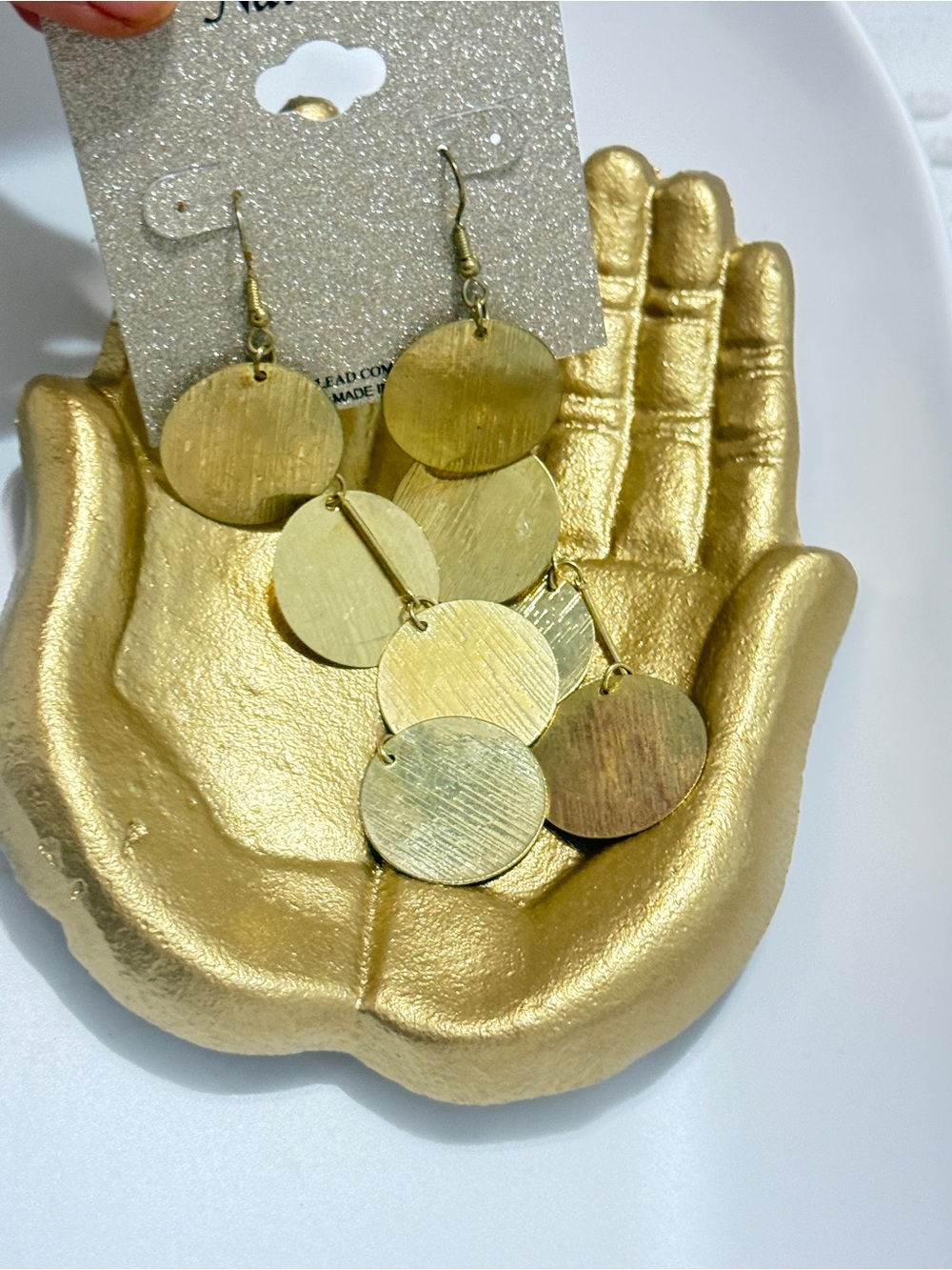 New, Small disc, gold plated brass, dangle earrings